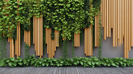 Obraz premium Modern Vertical Garden with Wooden Slats and Green Foliage for Stylish Outdoor Design