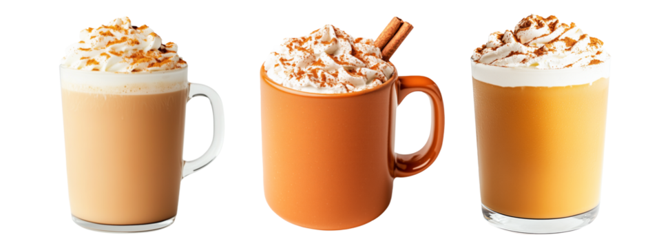 A pumpkin spice latte topped with whipped cream and cinnamon sticks isolated on white transparent background. Halloween beverage concept