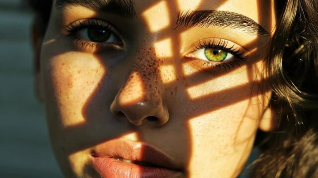 A woman's face is illuminated by sunlight streaming through a window, casting geometric shadows across her skin