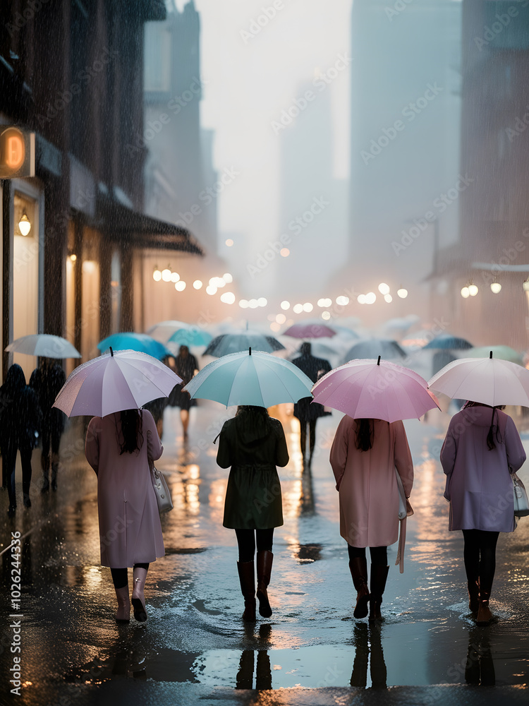 Sticker Four figures walking through a rainy city street, umbrellas in hand, as lights glow softly in the evening mist