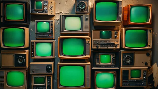 A wall covered in vintage televisions with green screens, showcasing a nostalgic backdrop