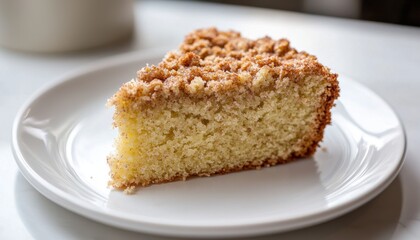 A slice of crumb cake on a white plate, showcasing its fluffy texture and crumbly topping, perfect for dessert or a snack.