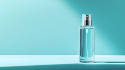 A minimalist transparent glass spray bottle with a cylindrical shape and pump dispenser, set against a light blue background, emphasizing clean lines and soft shadows for a sleek cosmetic presentation