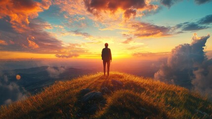 Fototapeta premium A man stands on a hilltop, looking out at the sunset