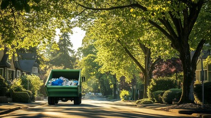 Obraz premium Garbage truck picking up trash in residential neighborhood on sunny summer morning