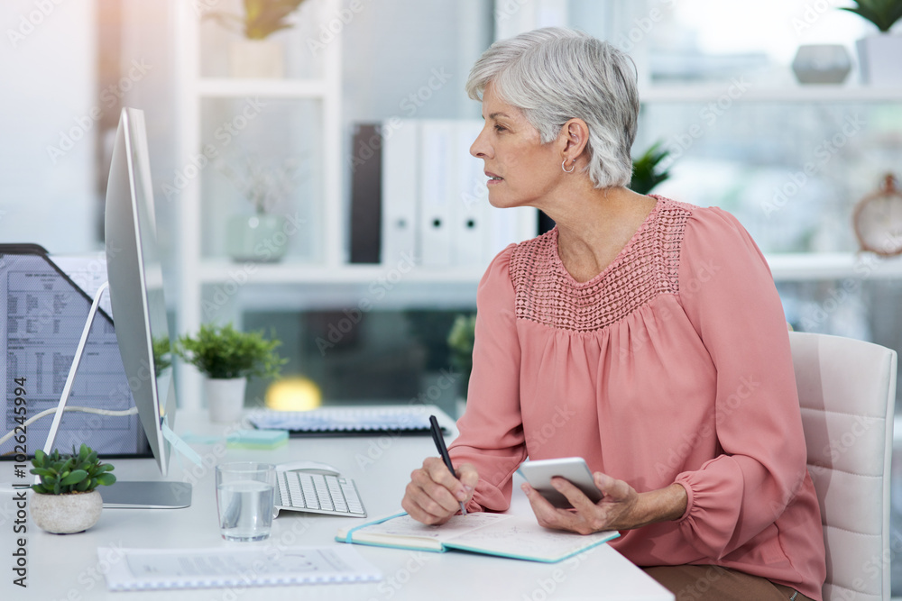 Poster reading, serious and mature woman with computer and planning with notes, thinking and online for pro