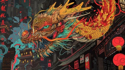 head of dragon illustration in colorfully cyberpunk style