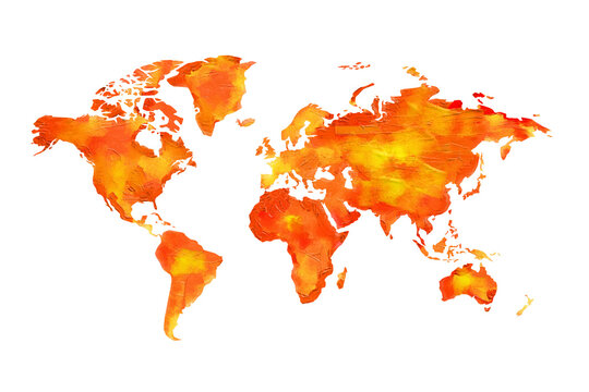 World Map with Red and Yellow Acrylic Art Representation, Global Warming, Global Heat map Concept isolated on Transparent Background