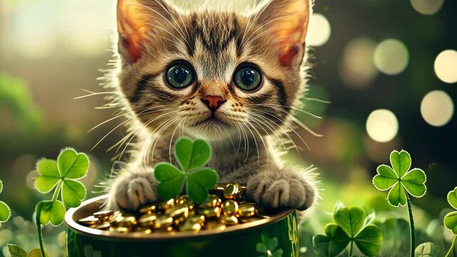 A cute kitten looks up with big, green eyes as it sits in a pot of gold on St. Patrick's Day