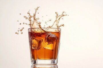 Glass of juice with ice cube, splash and splatter, isolated white background