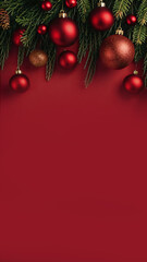 Christmas background with balls. Christmas background with pine branches. Festive Christmas background with ornaments and pine branches for holiday text. Christmas or New Year red background 
