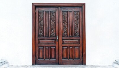 A beautifully carved wooden double door set against a plain wall, inviting entry and showcasing craftsmanship.