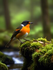 Fototapeta premium A colorful bird sits on a branch in the forest. 
