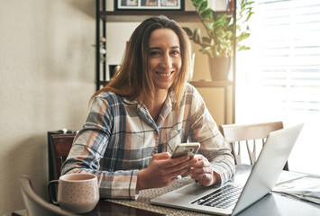 Portrait, woman and technology in home office with happiness as creative copywriter in web agency....