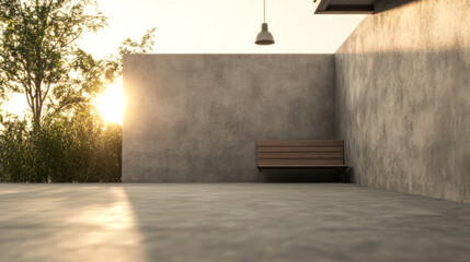 A tranquil outdoor seating area at sunset with natural light and concrete walls