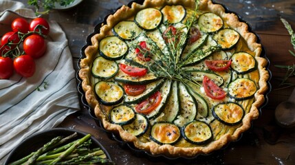 Vegetable tart with zucchini, tomatoes, and herbs on a rustic wooden table.