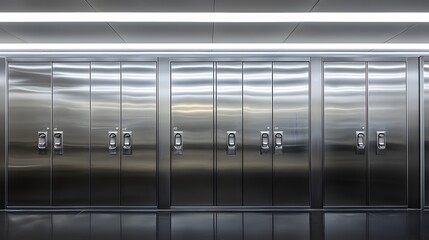Sleek silver metal lockers arranged in a uniform row, highlighted by a brushed stainless steel finish, emphasizing minimalist industrial design in a school or gym setting.