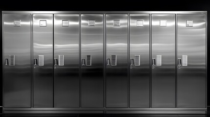 Sleek silver metal lockers arranged in a uniform row, highlighted by a brushed stainless steel finish, emphasizing minimalist industrial design in a school or gym setting.