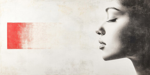 A serene profile of a woman against a textured background with a splash of red color
