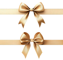 Two gold satin bows with ribbon isolate on transparent background, cutout, png