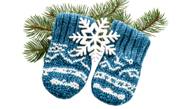 Blue knitted mittens with snowflake and pine branch isolate on transparent background, cutout, png