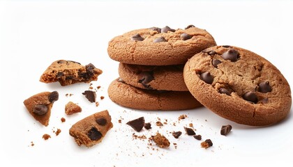 freshly baked chocolate chip cookie, split open to reveal its delicious, gooey center and scattered chocolate chips white background 