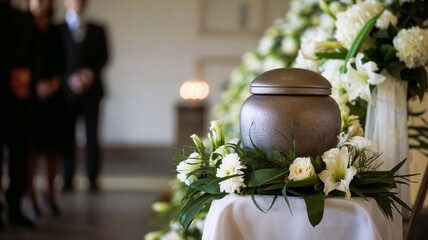 urn of the deceased with flowers at a somber memorial ceremony close-up