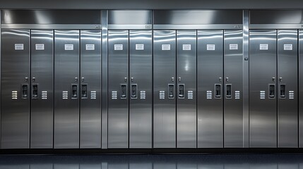 Sleek silver metal lockers arranged in a uniform row, highlighted by a brushed stainless steel finish, emphasizing minimalist industrial design in a school or gym setting.