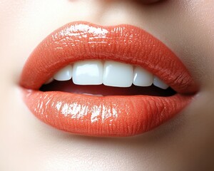 Fototapeta premium A detailed close-up of soft peach-colored lips with a slight shine, isolated on white background 