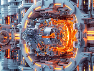 Fototapeta premium A futuristic-looking energy generation reactor with a glowing red and orange centre. 
