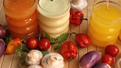 juices placed in glasses with straws stand on wooden surface, next to fresh vegetables like mushrooms, peppers Bright, vibrant composition promotes healthy, refreshing drinks and fresh produce.