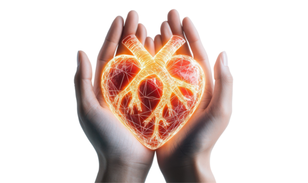 Two hands cradling a glowing heart with intricate veins isolate on transparent background, cutout, png - Powered by Adobe