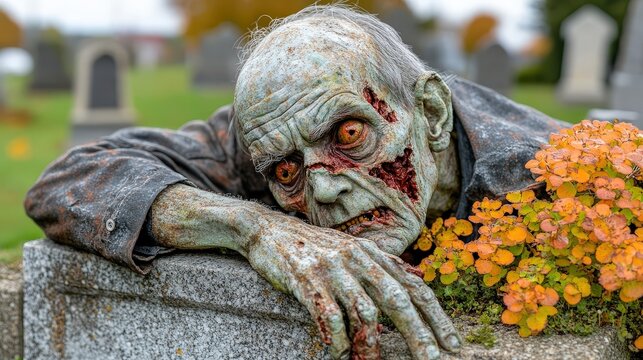 zombie in the cemetery, with flowers, horror, design scene