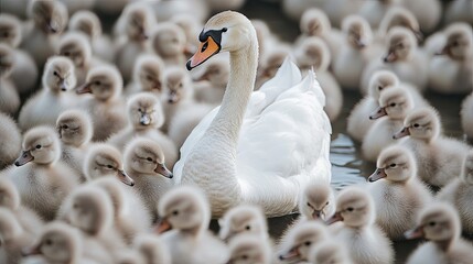 A lone swan stands tall among a group of fluffy ducklings, highlighting the concept of individuality and beauty in a crowd.