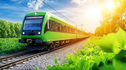 Obraz premium Green train traveling through a sunny landscape near lush greenery.