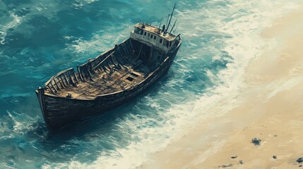 Obraz premium A lonely, weathered ship sits on a tranquil beach, surrounded by soft ocean waves, embodying themes of isolation and the passage of time.