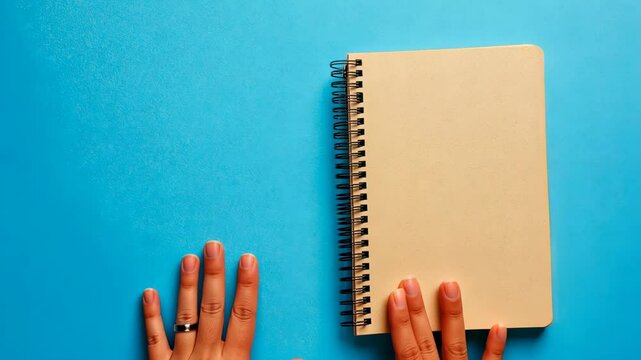 A hand reaches for a blank, spiral-bound notebook on a blue surface
