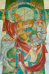2024-07-28, Saint Martin sur la Chambre, FRANCE. Fresco of Saint Martin of Tours cuting a piece of his cloak for a beggar. Saint of the Roman Catholic Church.