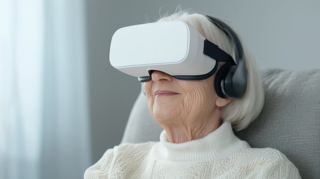 senior woman is enjoying virtual reality experience while wearing headset and headphones, showcasing potential of technology in enhancing elderly care and engagement