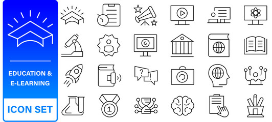 Education and Learning web icons in line style. School, university, textbook, learning. Vector illustration.