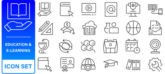 Education and Learning web icons in line style. School, university, textbook, learning. Vector illustration.