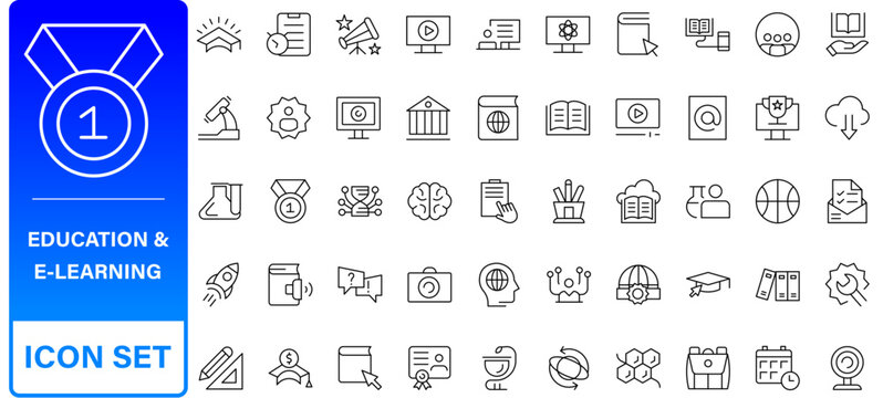 Education and Learning web icons in line style. School, university, textbook, learning. Vector illustration.