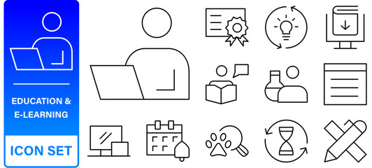 Education and Learning web icons in line style. School, university, textbook, learning. Vector illustration.