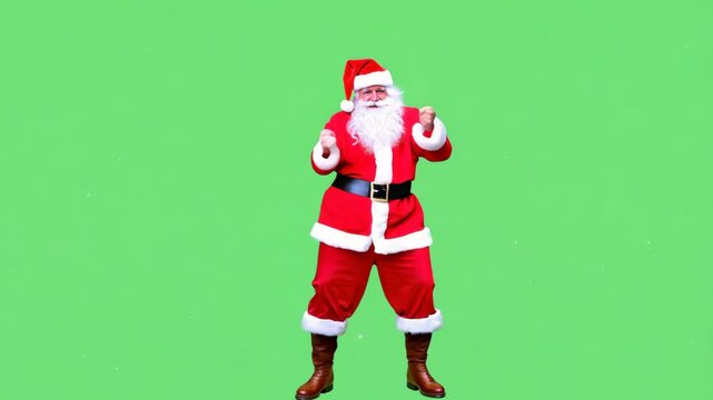 Cheerful fun Santa Claus in red suit and hat isolated on green screen chroma key background. Holiday spirit new year. Christmas festive design. Joy of season. Funny dancing. Man in costume.