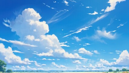 A serene landscape featuring a bright blue sky with fluffy clouds and a distant horizon.
