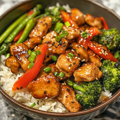 rice and chicken, meat with vegetables in sauce