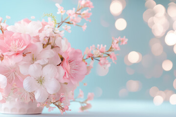 Delicate pink and white blossoms are beautifully arranged in a decorative vase, catching the light and creating a serene, enchanting atmosphere perfect for a spring celebration