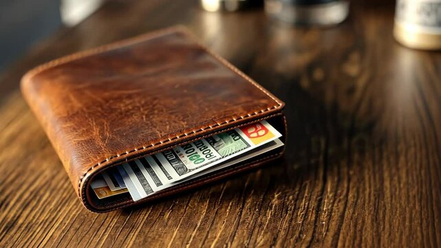 A brown leather wallet sits open on a wooden table, revealing several bills inside