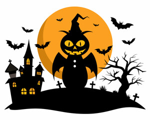 vector Halloween background with pumpkin and bats silhouette 