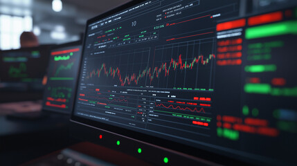 Fototapeta premium Detailed stock market chart on a sleek trading platform showing real-time fluctuations with red and green candlesticks. Modern office background with traders analyzing multiple monitors. 